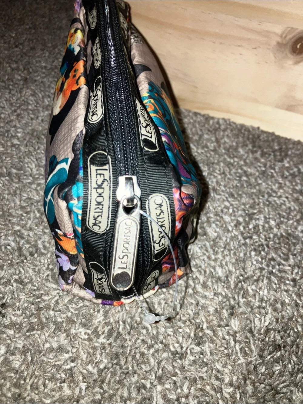 Lesportsac Beige Floral Zip Pouch with Teal & Orange Accents